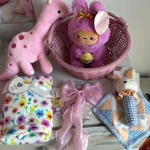 New born, baby shower or any gift basket.Pink Dinosaur and Plush Toy Gift Basket